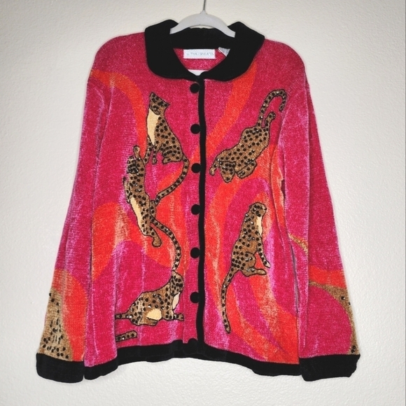 The Sweater Neon Pink & Orange Chetah Sequencing Cardigan Sweater XL - Picture 1 of 5